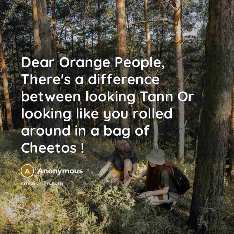 “Dear Orange People, There's a difference between looking Tann Or looking like you rolled around in a bag of Cheetos !” quote by Anonymous