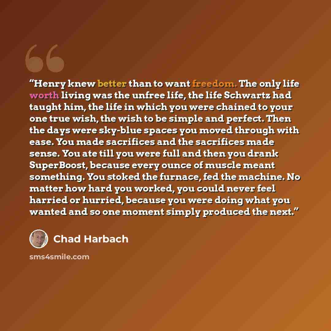 “Henry knew better than to want freedom. The only life worth living was the unfree life, the life Schwartz had taught him, the life in which you were chained to your one true wish, the wish to be simple and perfect. Then the days were sky-blue spaces you moved through with ease. You made sacrifices…” quote by Chad Harbach