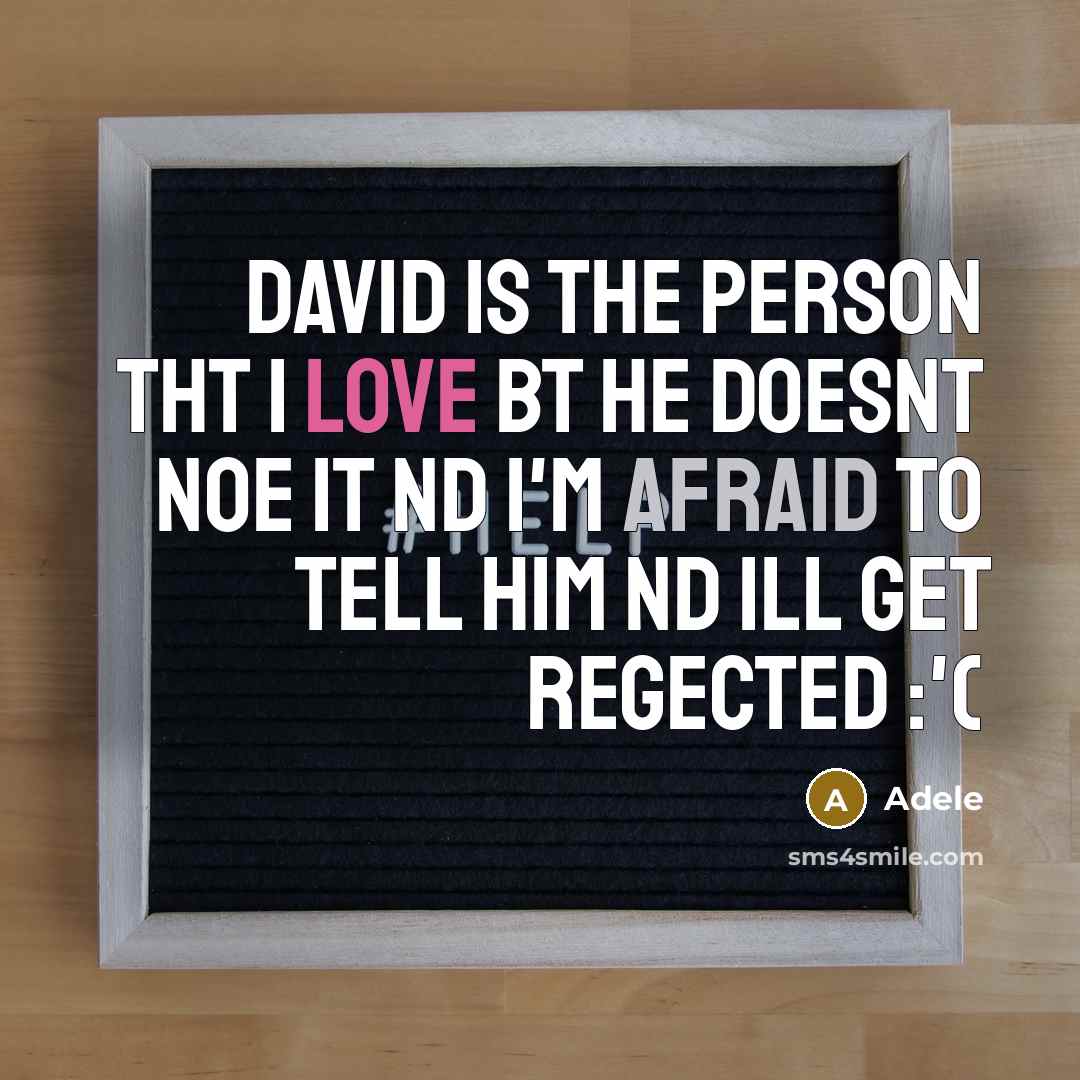 “David is the person tht I love bt he doesnt noe it nd I'm afraid to tell him nd ill get regected :'(” quote by Adele