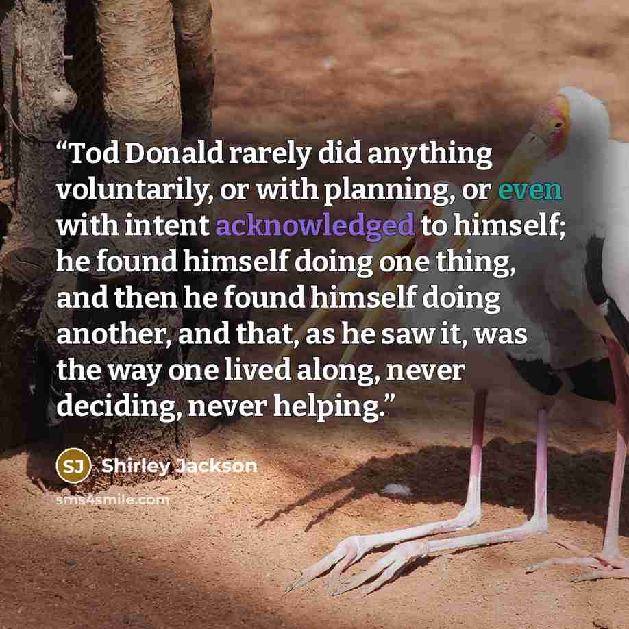 “Tod Donald rarely did anything voluntarily, or with planning, or even with intent acknowledged to himself; he found himself doing one thing, and then he found himself doing another, and that, as he saw it, was the way one lived along, never deciding, never helping.” quote by Shirley Jackson