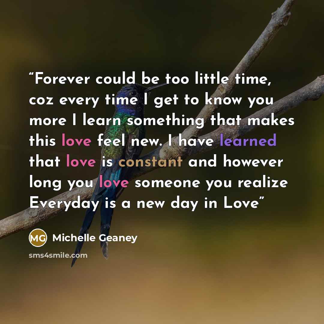 “Forever could be too little time, coz every time I get to know you more I learn something that makes this love feel new. I have learned that love is constant and however long you love someone you realize Everyday is a new day in Love” quote by Michelle Geaney