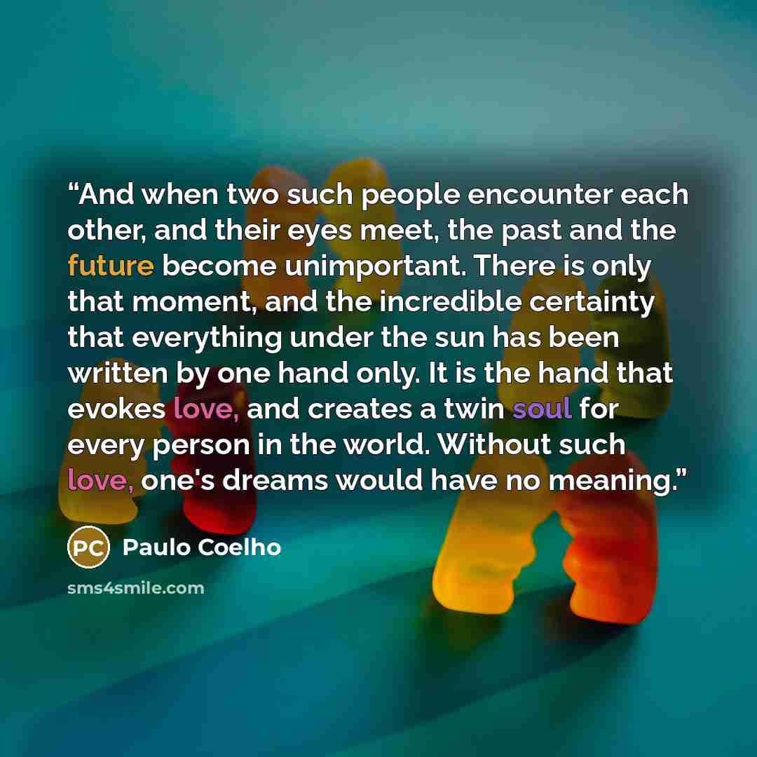 “And when two such people encounter each other, and their eyes meet, the past and the future become unimportant. There is only that moment, and the incredible certainty that everything under the sun has been written by one hand only. It is the hand that evokes love, and creates a twin soul for…” quote by Paulo Coelho