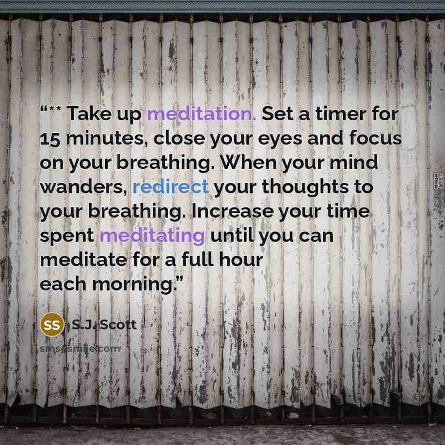 “** Take up meditation. Set a timer for 15 minutes, close your eyes and focus on your breathing. When your mind wanders, redirect your thoughts to your breathing. Increase your time spent meditating until you can meditate for a full hour each morning.” quote by S.J. Scott
