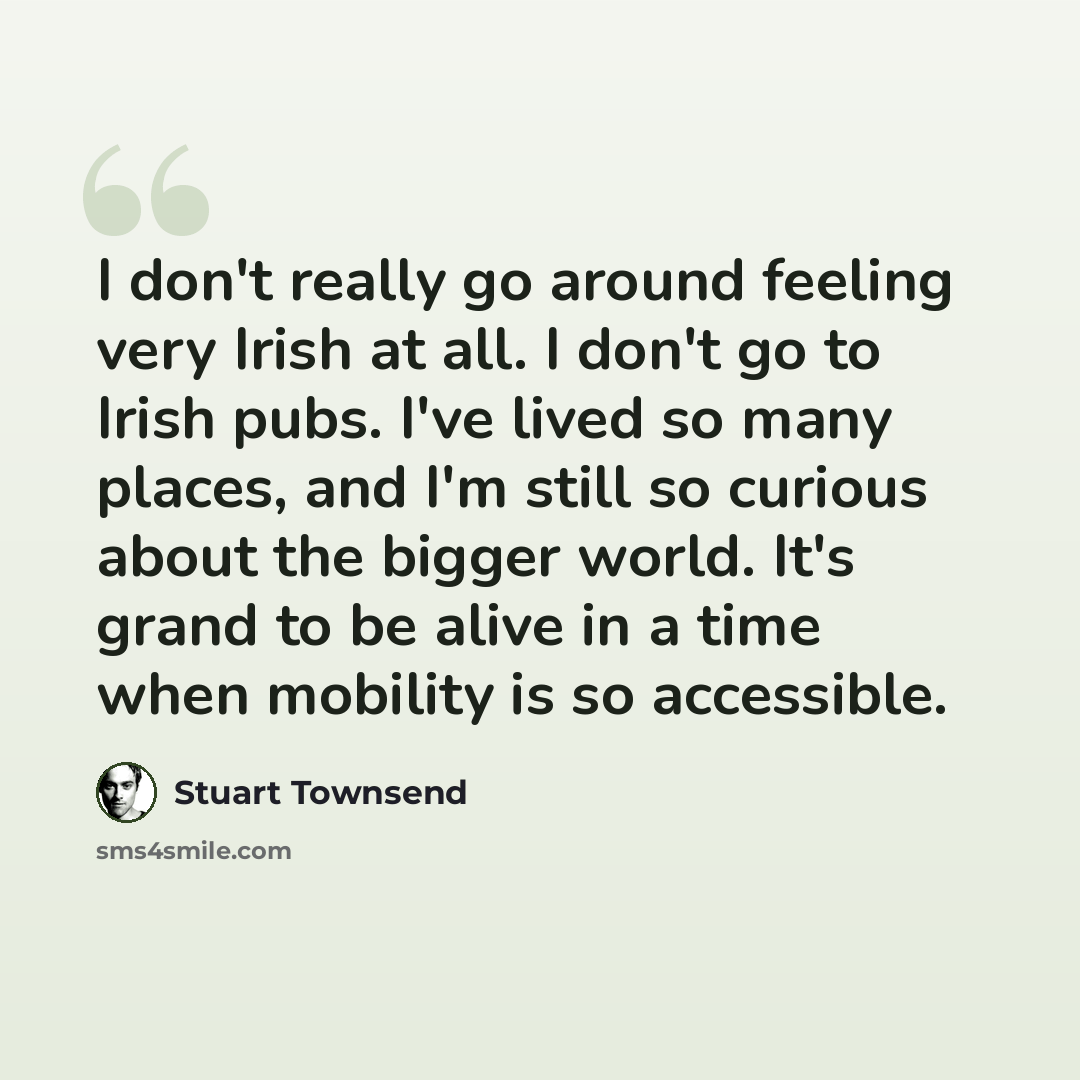 “I don't really go around feeling very Irish at all. I don't go to Irish pubs. I've lived so many places, and I'm still so curious about the bigger world. It's grand to be alive in a time when mobility is so accessible.” quote by Stuart Townsend