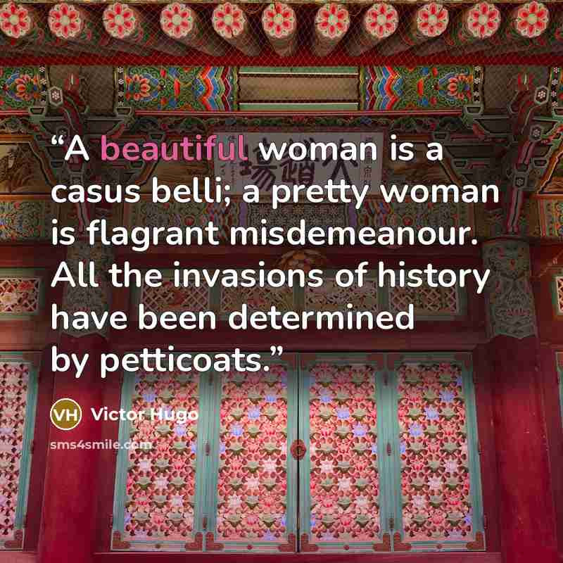 “A beautiful woman is a casus belli; a pretty woman is flagrant misdemeanour. All the invasions of history have been determined by petticoats.” quote by Victor Hugo