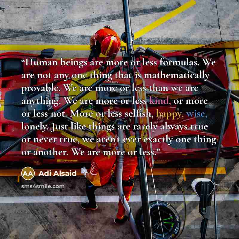 “Human beings are more or less formulas. We are not any one thing that is mathematically provable. We are more or less than we are anything. We are more or less kind, or more or less not. More or less selfish, happy, wise, lonely. Just like things are rarely always true or never true, we aren't…” quote by Adi Alsaid