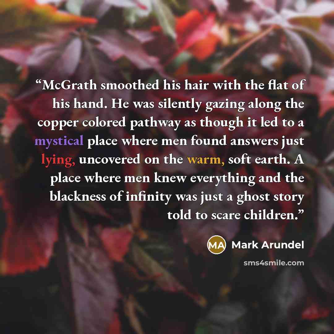 “McGrath smoothed his hair with the flat of his hand. He was silently gazing along the copper colored pathway as though it led to a mystical place where men found answers just lying, uncovered on the warm, soft earth. A place where men knew everything and the blackness of infinity was just a ghost…” quote by Mark Arundel