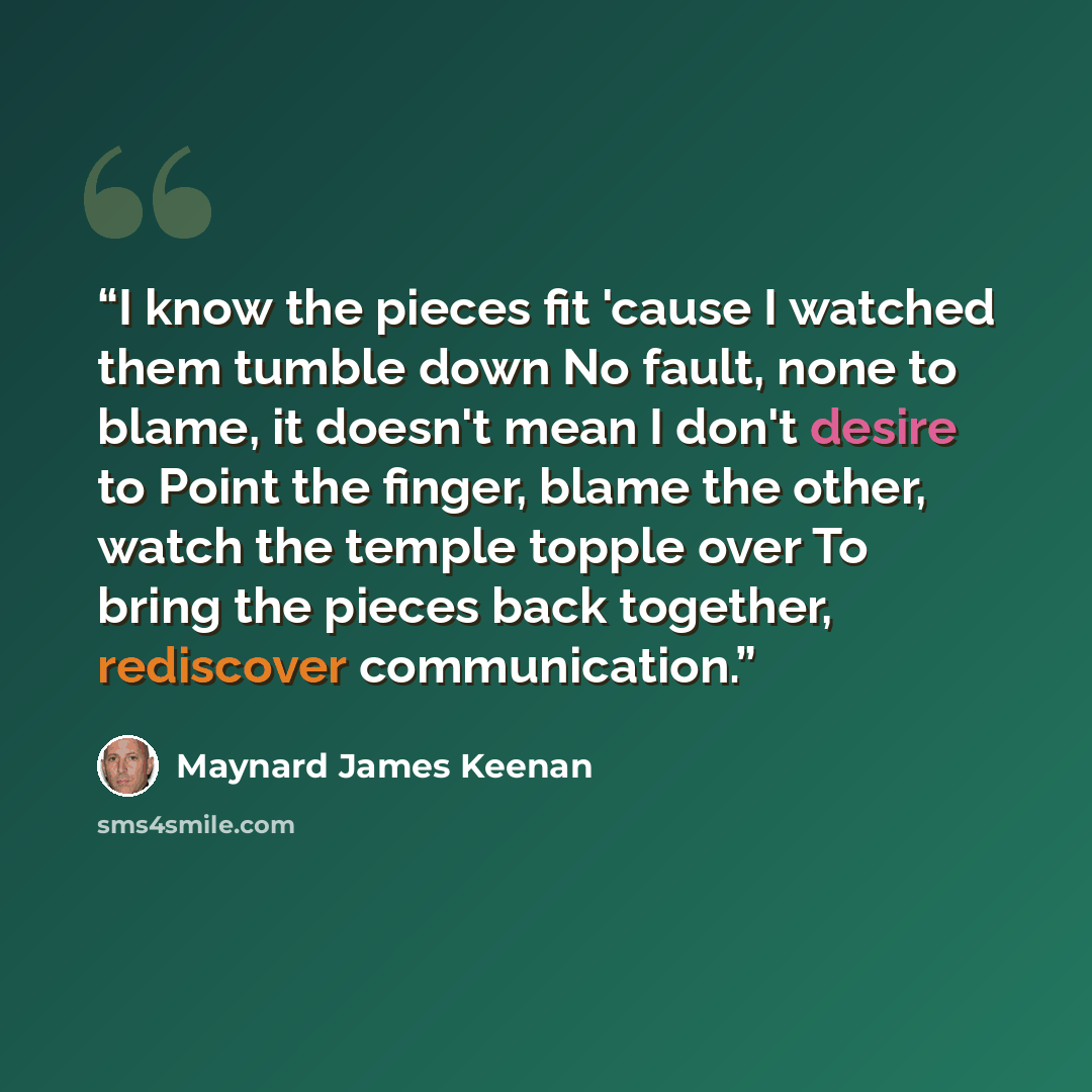 “I know the pieces fit 'cause I watched them tumble down No fault, none to blame, it doesn't mean I don't desire to Point the finger, blame the other, watch the temple topple over To bring the pieces back together, rediscover communication.” quote by Maynard James Keenan