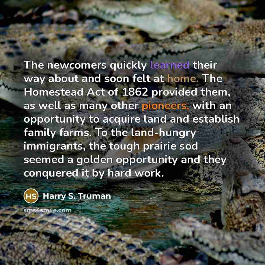 “The newcomers quickly learned their way about and soon felt at home. The Homestead Act of 1862 provided them, as well as many other pioneers, with an opportunity to acquire land and establish family farms. To the land-hungry immigrants, the tough prairie sod seemed a golden opportunity and they…” quote by Harry S. Truman
