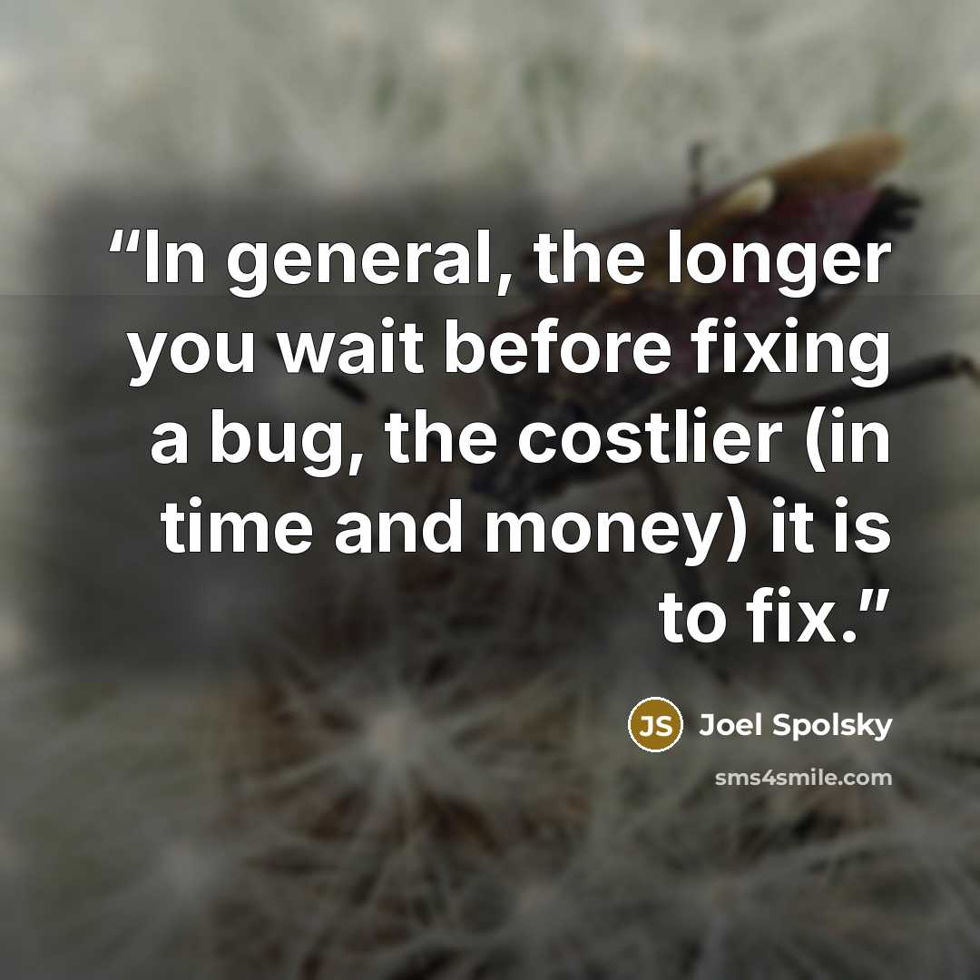 “In general, the longer you wait before fixing a bug, the costlier (in time and money) it is to fix.” quote by Joel Spolsky