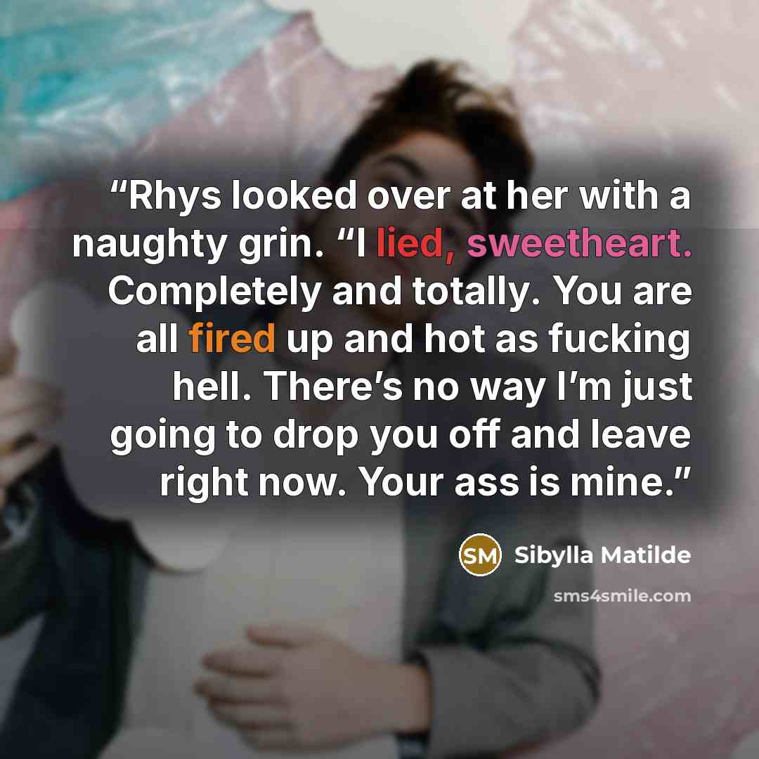 “Rhys looked over at her with a naughty grin. “I lied, sweetheart. Completely and totally. You are all fired up and hot as fucking hell. There’s no way I’m just going to drop you off and leave right now. Your ass is mine.” quote by Sibylla Matilde