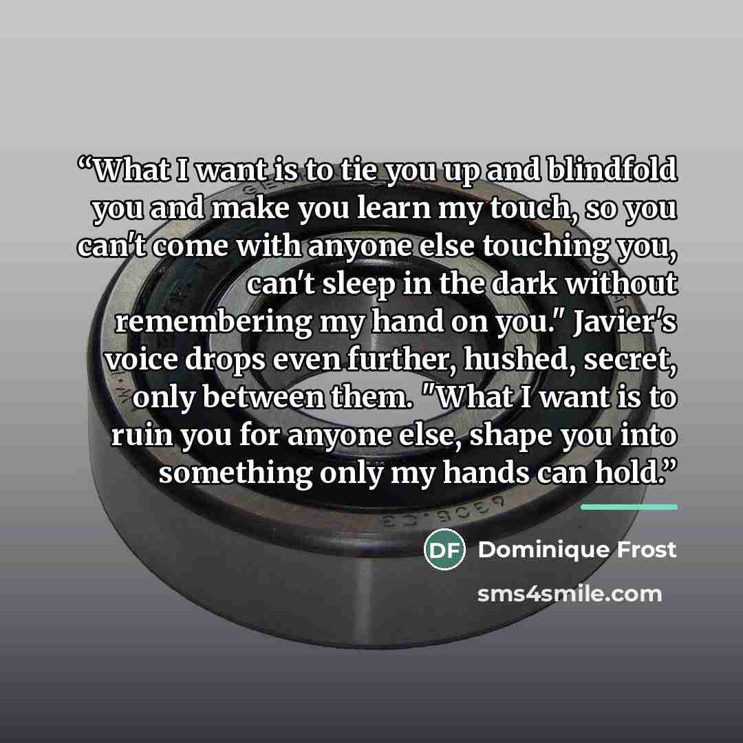 “What I want is to tie you up and blindfold you and make you learn my touch, so you can't come with anyone else touching you, can't sleep in the dark without remembering my hand on you." Javier's voice drops even further, hushed, secret, only between them. "What I want is to ruin you for anyone…” quote by Dominique Frost