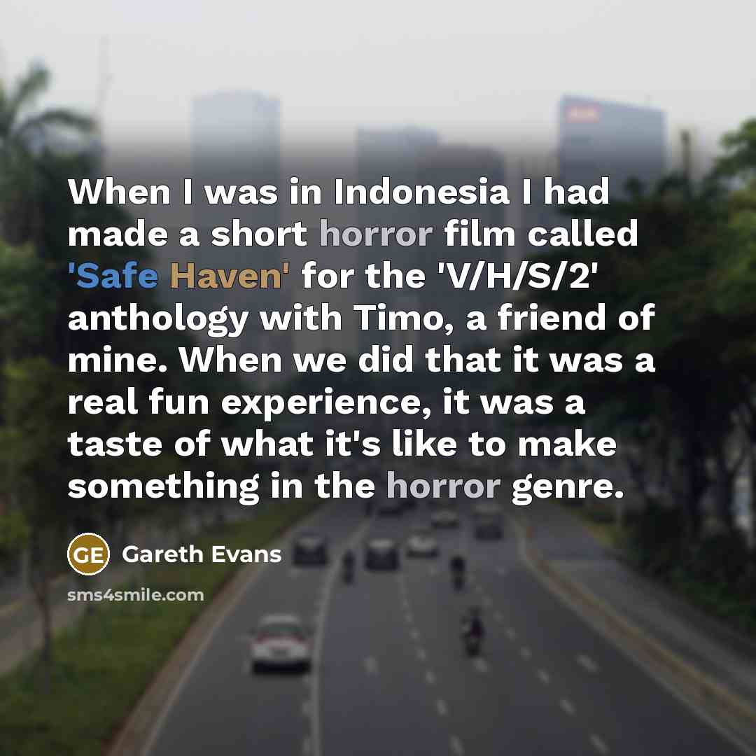 “When I was in Indonesia I had made a short horror film called 'Safe Haven' for the 'V/H/S/2' anthology with Timo, a friend of mine. When we did that it was a real fun experience, it was a taste of what it's like to make something in the horror genre.” quote by Gareth Evans