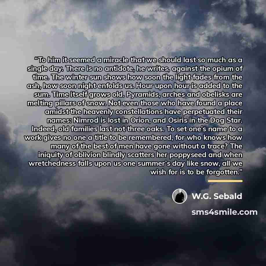 “To him it seemed a miracle that we should last so much as a single day. There is no antidote, he writes, against the opium of time. The winter sun shows how soon the light fades from the ash, how soon night enfolds us. Hour upon hour is added to the sum. Time itself grows old. Pyramids, arches and…” quote by W.G. Sebald