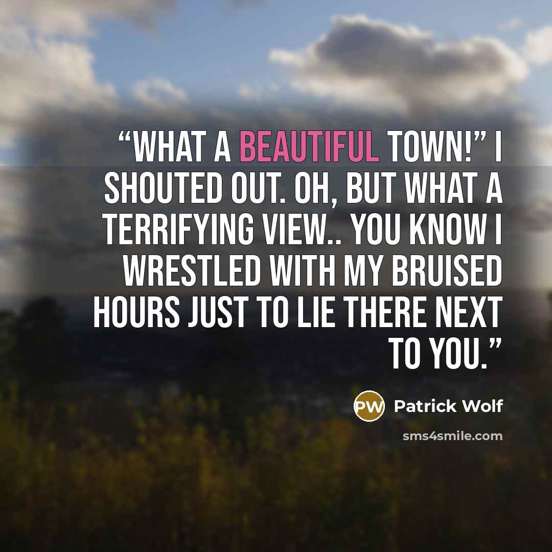“What a beautiful town!” I shouted out. Oh, but what a terrifying view.. You know I wrestled with my bruised hours Just to lie there next to you.” quote by Patrick Wolf