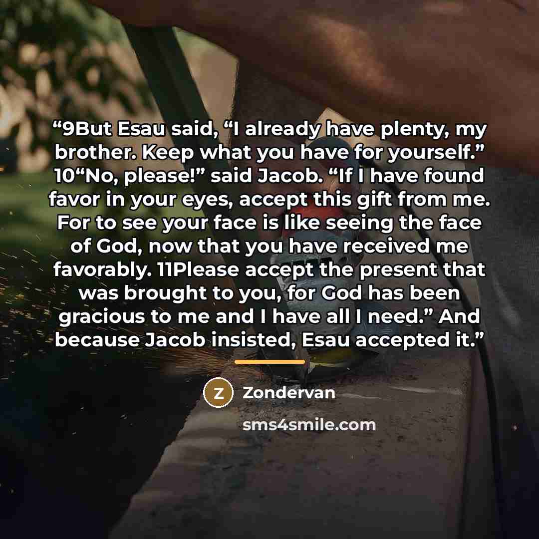 “9But Esau said, “I already have plenty, my brother. Keep what you have for yourself.” 10“No, please!” said Jacob. “If I have found favor in your eyes, accept this gift from me. For to see your face is like seeing the face of God, now that you have received me favorably. 11Please accept the present…” quote by Zondervan