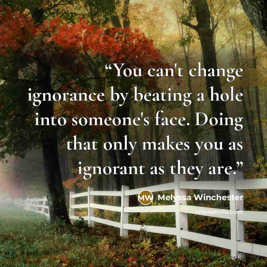 “You can't change ignorance by beating a hole into someone's face. Doing that only makes you as ignorant as they are.” quote by Melyssa Winchester