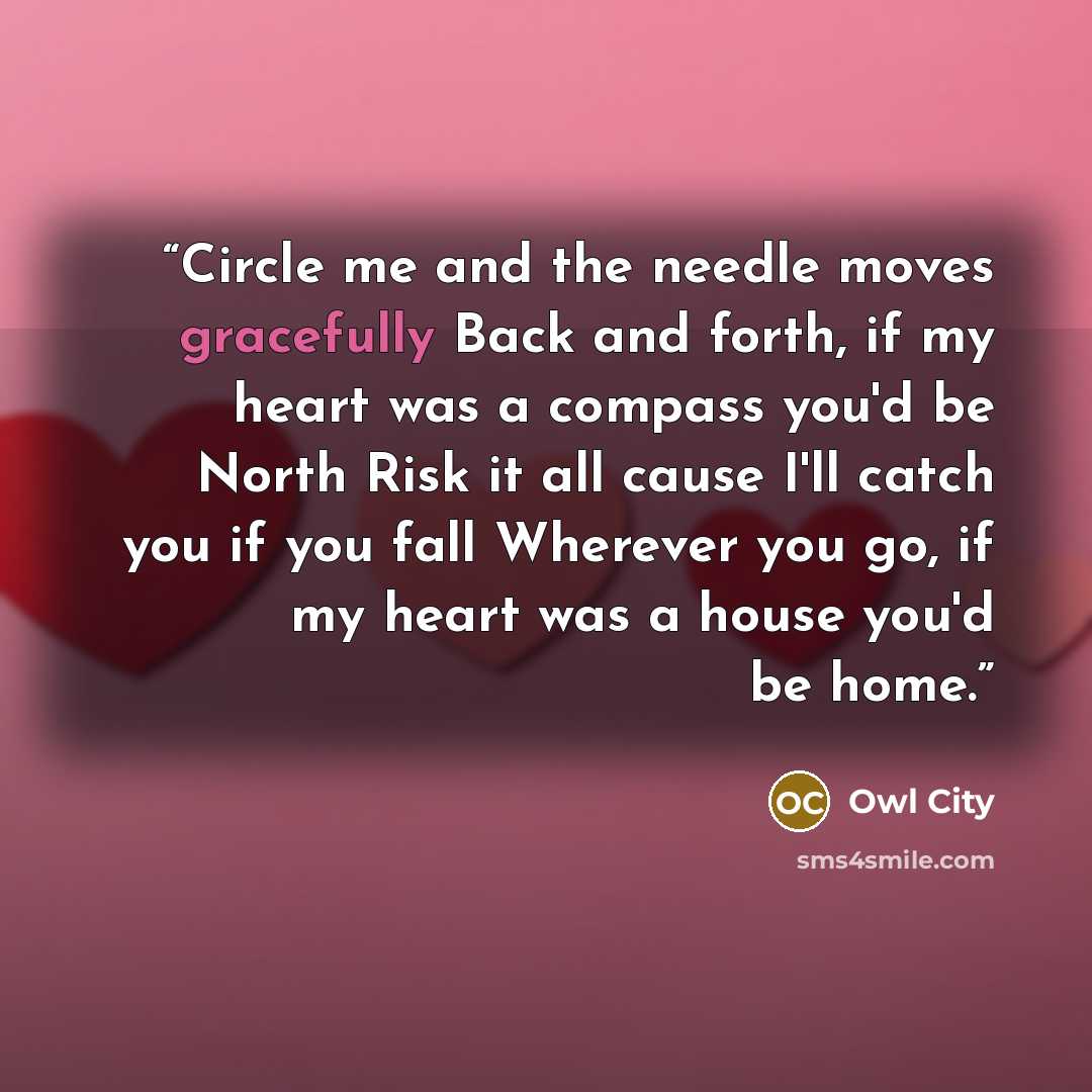 “Circle me and the needle moves gracefully Back and forth, if my heart was a compass you'd be North Risk it all cause I'll catch you if you fall Wherever you go, if my heart was a house you'd be home.” quote by Owl City