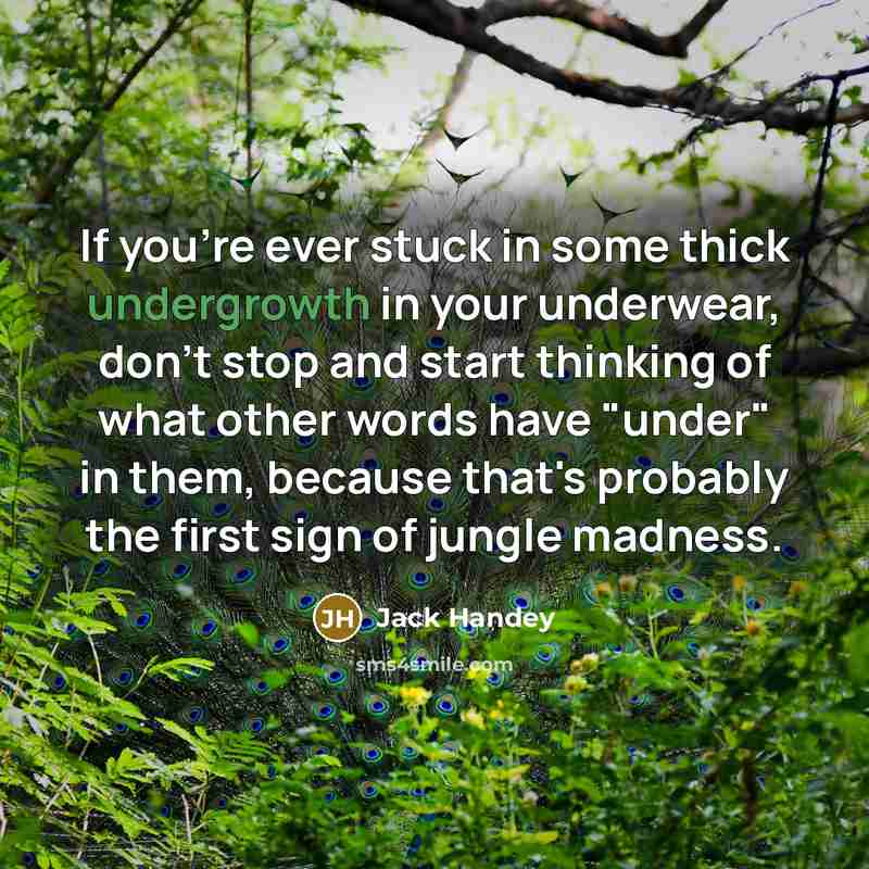“If you're ever stuck in some thick undergrowth in your underwear, don't stop and start thinking of what other words have "under" in them, because that's probably the first sign of jungle madness.” quote by Jack Handey