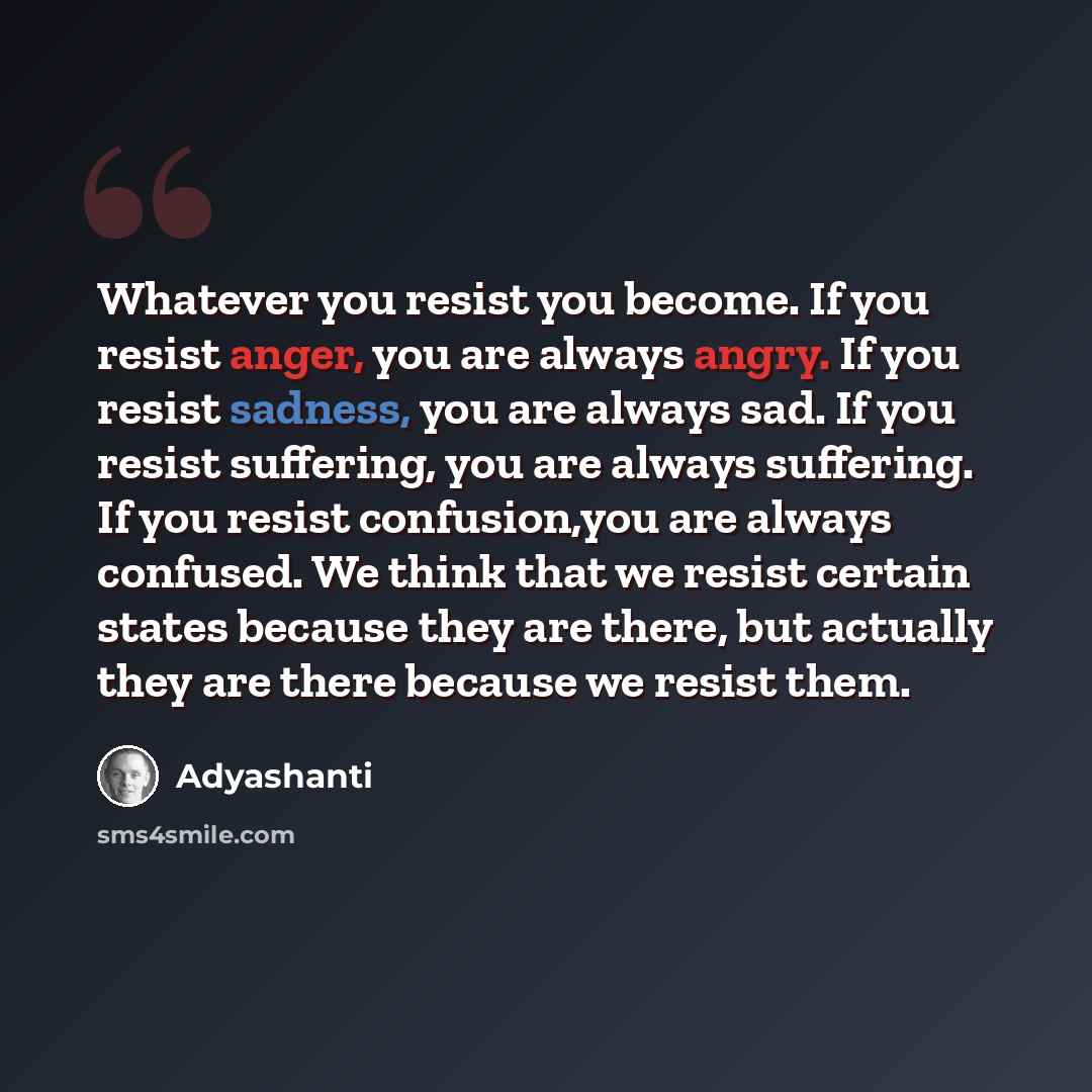 “Whatever you resist you become. If you resist anger, you are always angry. If you resist sadness, you are always sad. If you resist suffering, you are always suffering. If you resist confusion,you are always confused. We think that we resist certain states because they are there, but actually they…” quote by Adyashanti