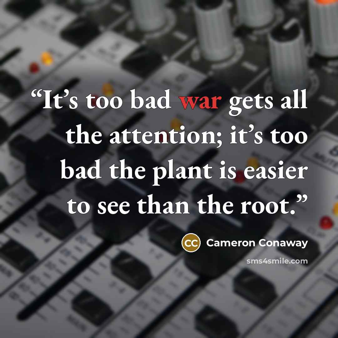 “It’s too bad war gets all the attention; it’s too bad the plant is easier to see than the root.” quote by Cameron Conaway