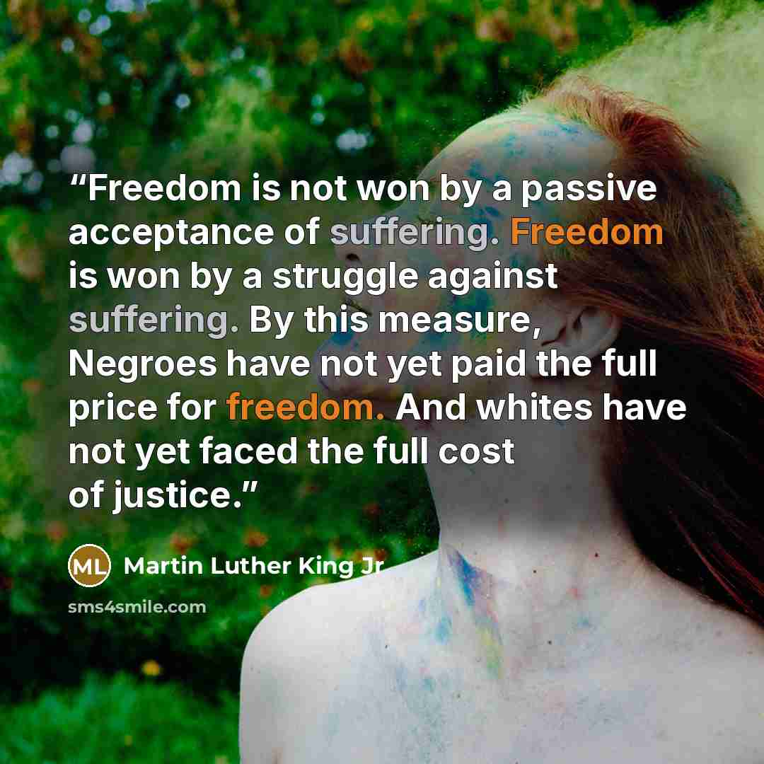 “Freedom is not won by a passive acceptance of suffering. Freedom is won by a struggle against suffering. By this measure, Negroes have not yet paid the full price for freedom. And whites have not yet faced the full cost of justice.” quote by Martin Luther King Jr