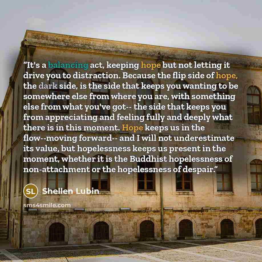 “It's a balancing act, ﻿keeping hope but not letting it drive you to distraction. Because the flip side of hope, the dark side, is the side that keeps you wanting to be somewhere else from where you are, with something else from what you've got-- the side that keeps you from appreciating and…” quote by Shellen Lubin