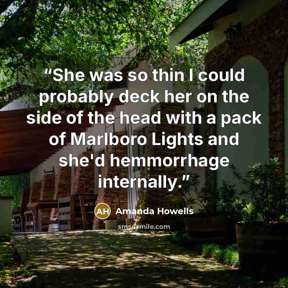 “She was so thin I could probably deck her on the side of the head with a pack of Marlboro Lights and she'd hemmorrhage internally.” quote by Amanda Howells