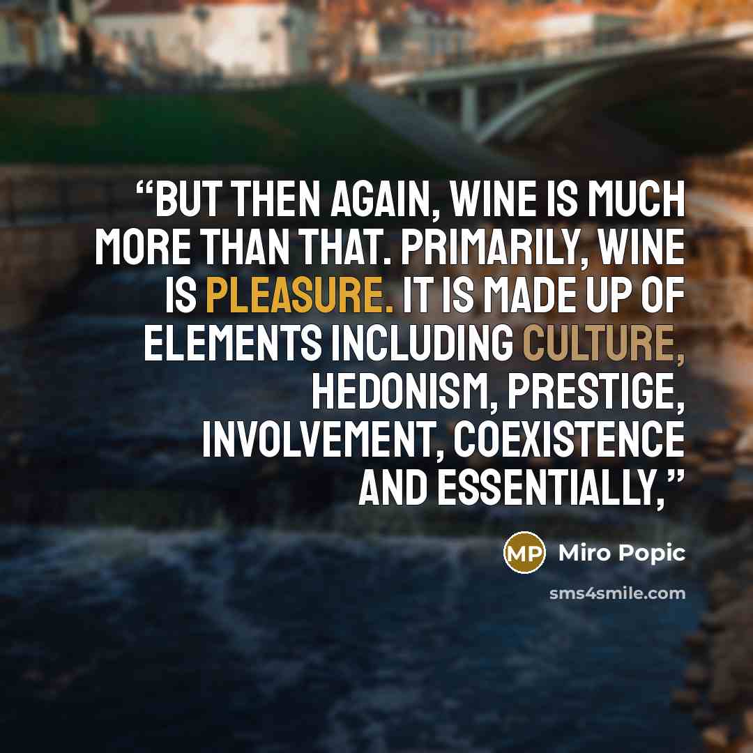 “But then again, wine is much more than that. Primarily, wine is pleasure. It is made up of elements including culture, hedonism, prestige, involvement, coexistence and essentially,” quote by Miro Popic