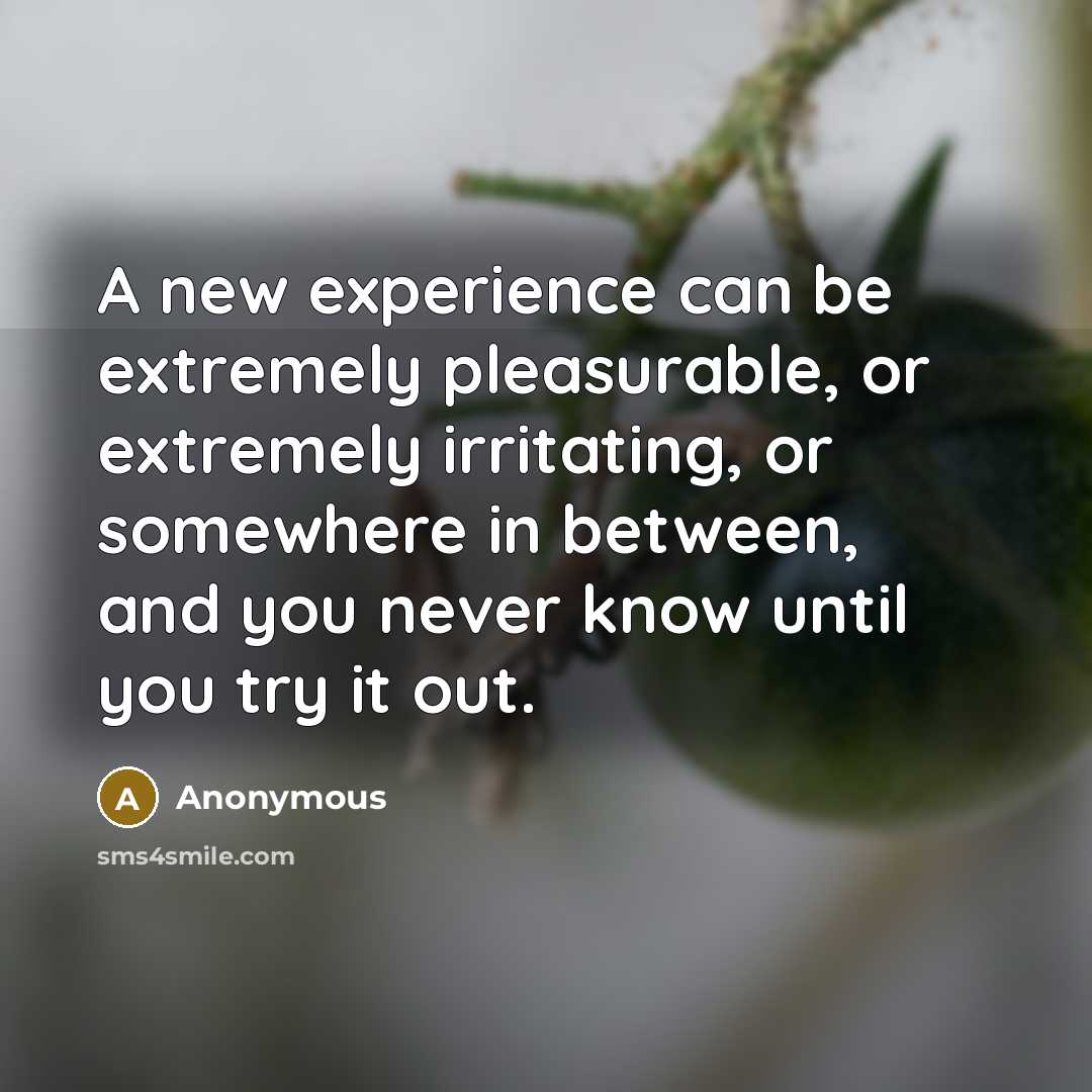 “A new experience can be extremely pleasurable, or extremely irritating, or somewhere in between, and you never know until you try it out.” quote by Anonymous