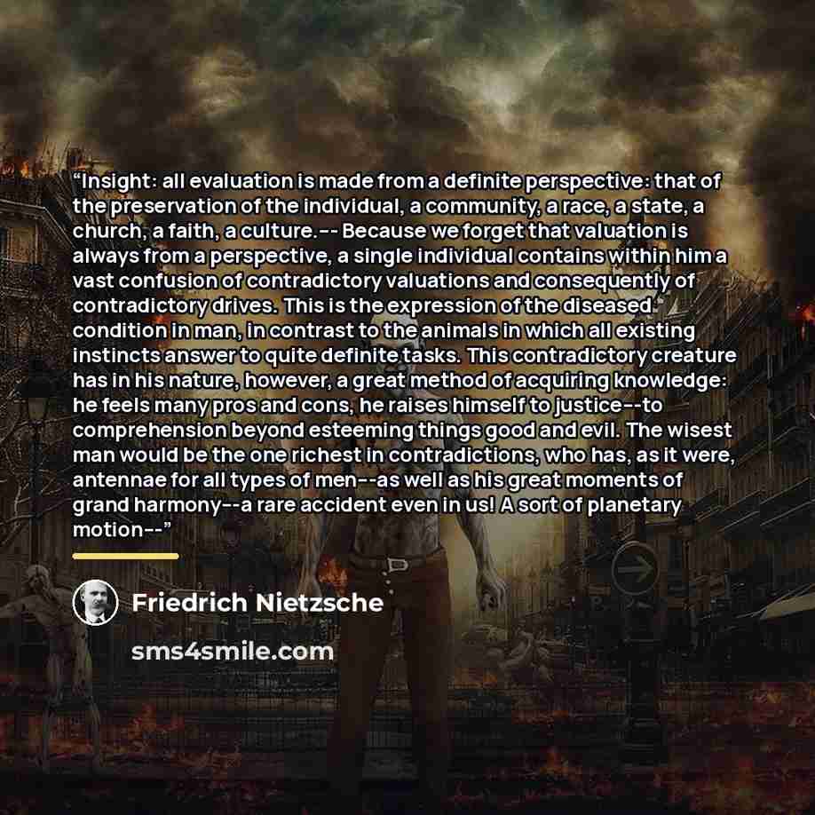 “Insight: all evaluation is made from a definite perspective: that of the preservation of the individual, a community, a race, a state, a church, a faith, a culture.--- Because we forget that valuation is always from a perspective, a single individual contains within him a vast confusion of…” quote by Friedrich Nietzsche