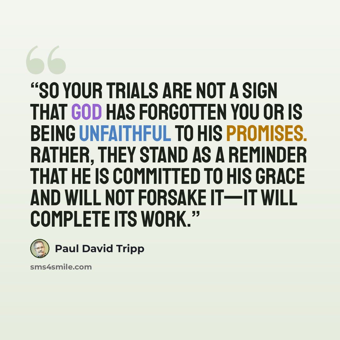 “So your trials are not a sign that God has forgotten you or is being unfaithful to his promises. Rather, they stand as a reminder that he is committed to his grace and will not forsake it—it will complete its work.” quote by Paul David Tripp
