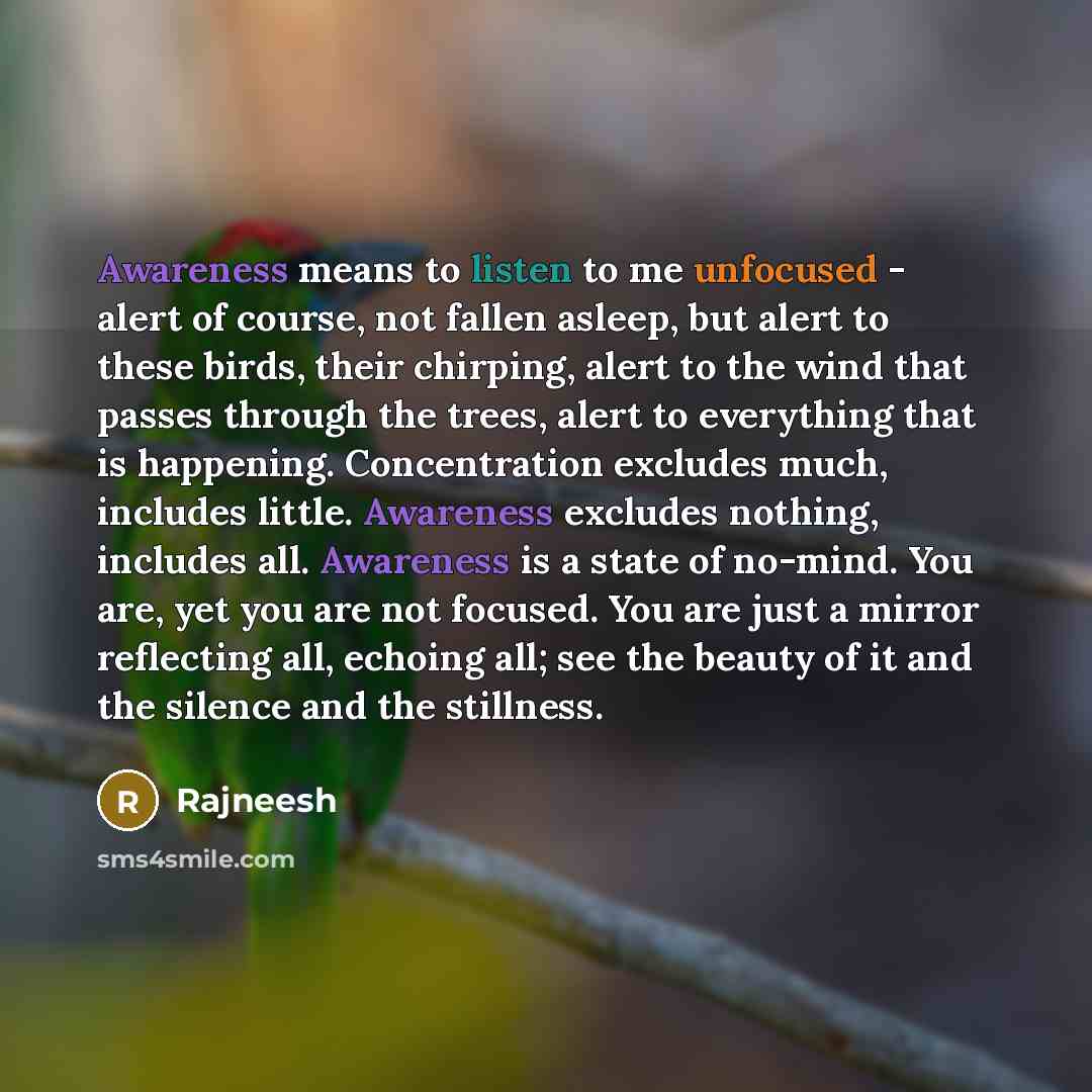 “Awareness means to listen to me unfocused - alert of course, not fallen asleep, but alert to these birds, their chirping, alert to the wind that passes through the trees, alert to everything that is happening. Concentration excludes much, includes little. Awareness excludes nothing, includes all…” quote by Rajneesh