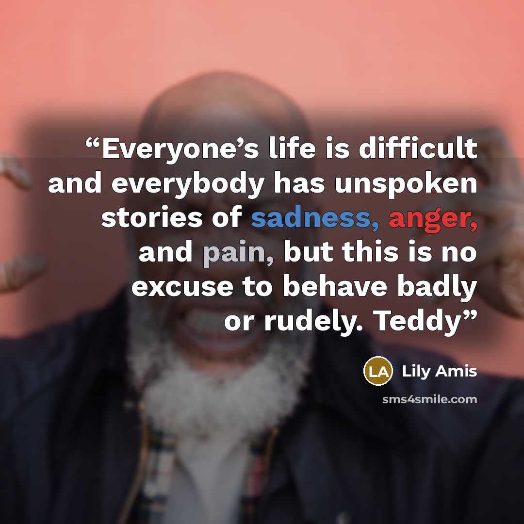 “Everyone’s life is difficult and everybody has unspoken stories of sadness, anger, and pain, but this is no excuse to behave badly or rudely. Teddy” quote by Lily Amis