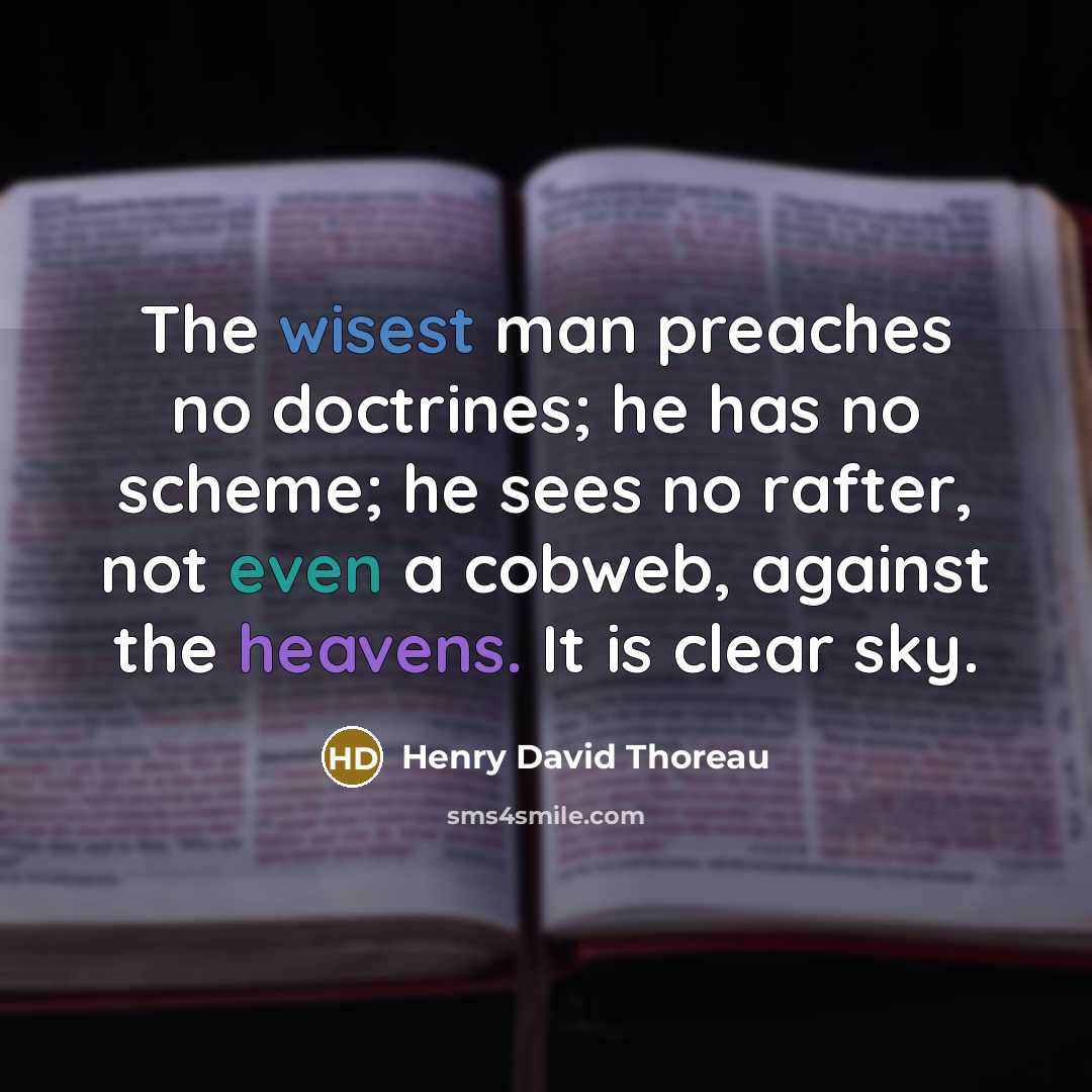 “The wisest man preaches no doctrines; he has no scheme; he sees no rafter, not even a cobweb, against the heavens. It is clear sky.” quote by Henry David Thoreau
