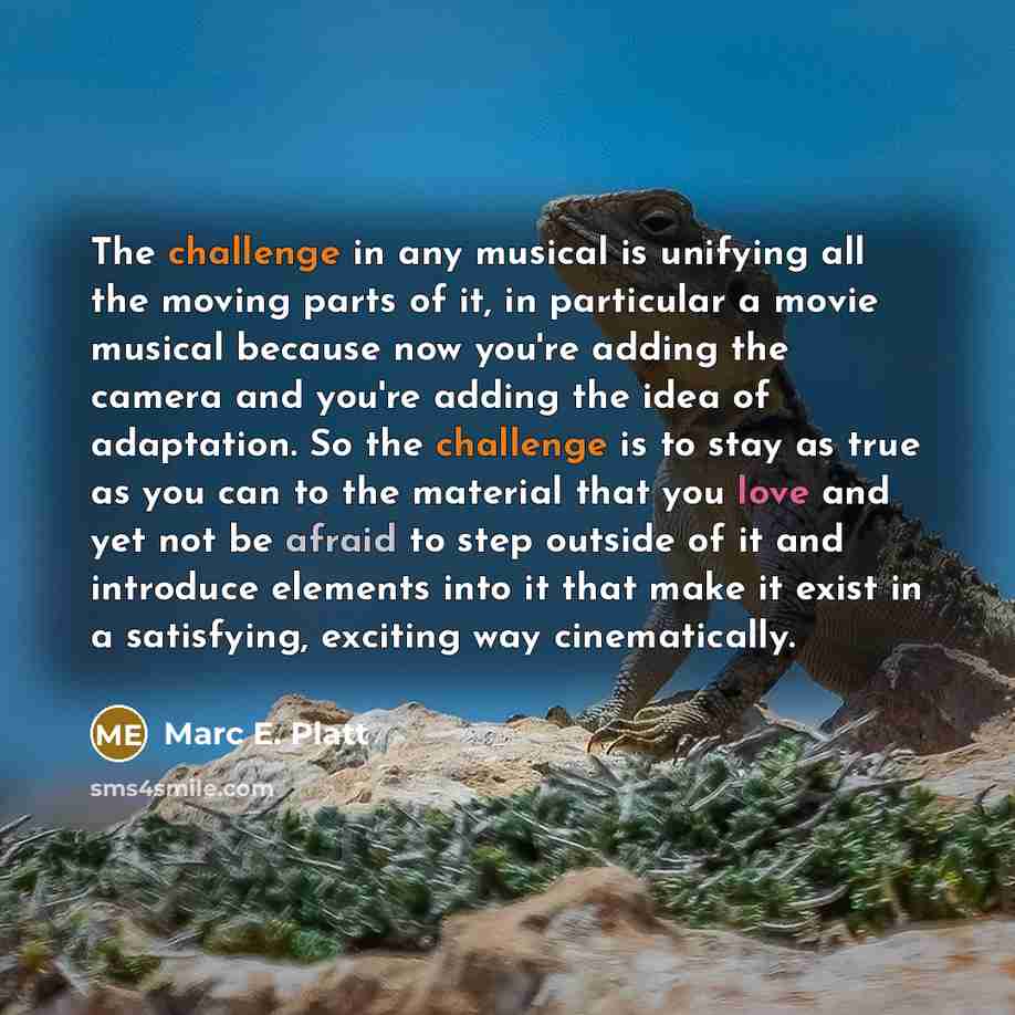 “The challenge in any musical is unifying all the moving parts of it, in particular a movie musical because now you're adding the camera and you're adding the idea of adaptation. So the challenge is to stay as true as you can to the material that you love and yet not be afraid to step outside of it…” quote by Marc E. Platt