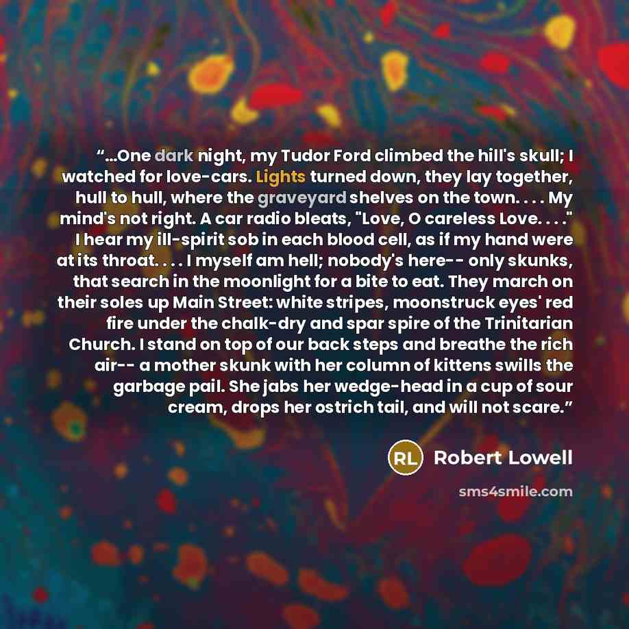 “…One dark night, my Tudor Ford climbed the hill's skull; I watched for love-cars. Lights turned down, they lay together, hull to hull, where the graveyard shelves on the town. . . . My mind's not right. A car radio bleats, "Love, O careless Love. . . ." I hear my ill-spirit sob in each blood cell…” quote by Robert Lowell