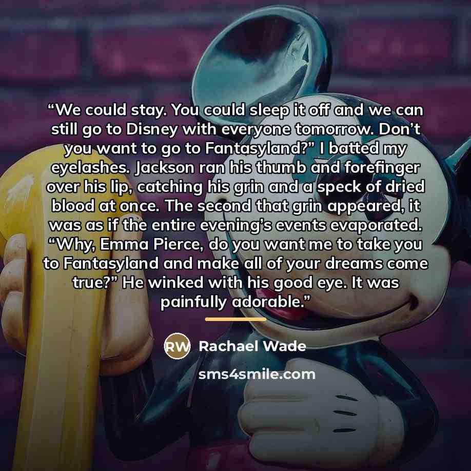 “We could stay. You could sleep it off and we can still go to Disney with everyone tomorrow. Don’t you want to go to Fantasyland?” I batted my eyelashes. Jackson ran his thumb and forefinger over his lip, catching his grin and a speck of dried blood at once. The second that grin appeared, it was as…” quote by Rachael Wade