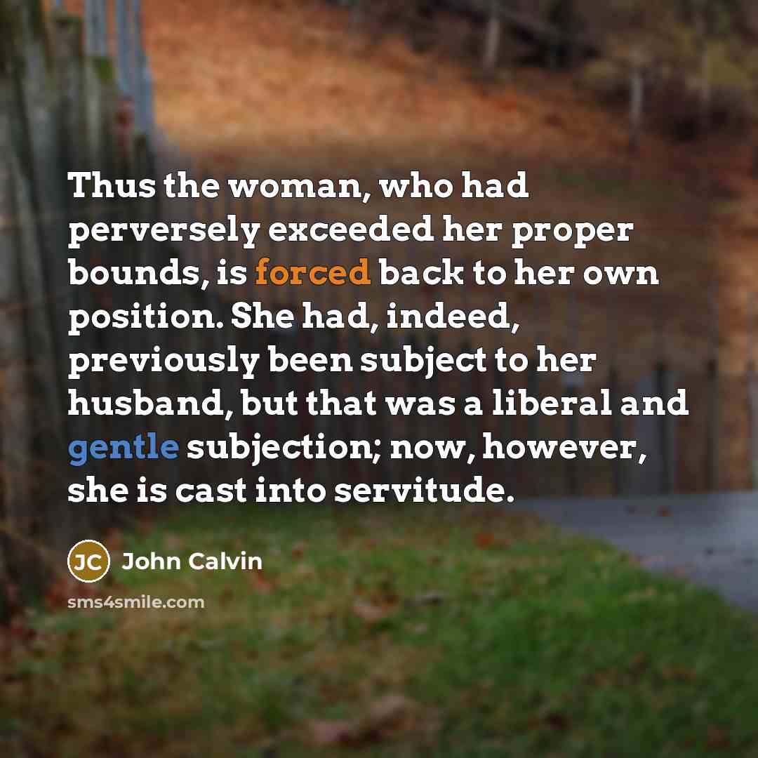 “Thus the woman, who had perversely exceeded her proper bounds, is forced back to her own position. She had, indeed, previously been subject to her husband, but that was a liberal and gentle subjection; now, however, she is cast into servitude.” quote by John Calvin