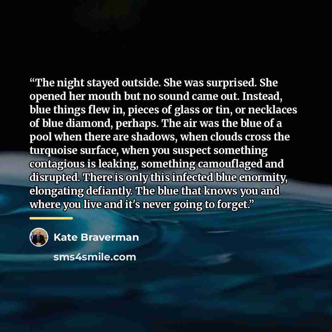 “The night stayed outside. She was surprised. She opened her mouth but no sound came out. Instead, blue things flew in, pieces of glass or tin, or necklaces of blue diamond, perhaps. The air was the blue of a pool when there are shadows, when clouds cross the turquoise surface, when you suspect…” quote by Kate Braverman