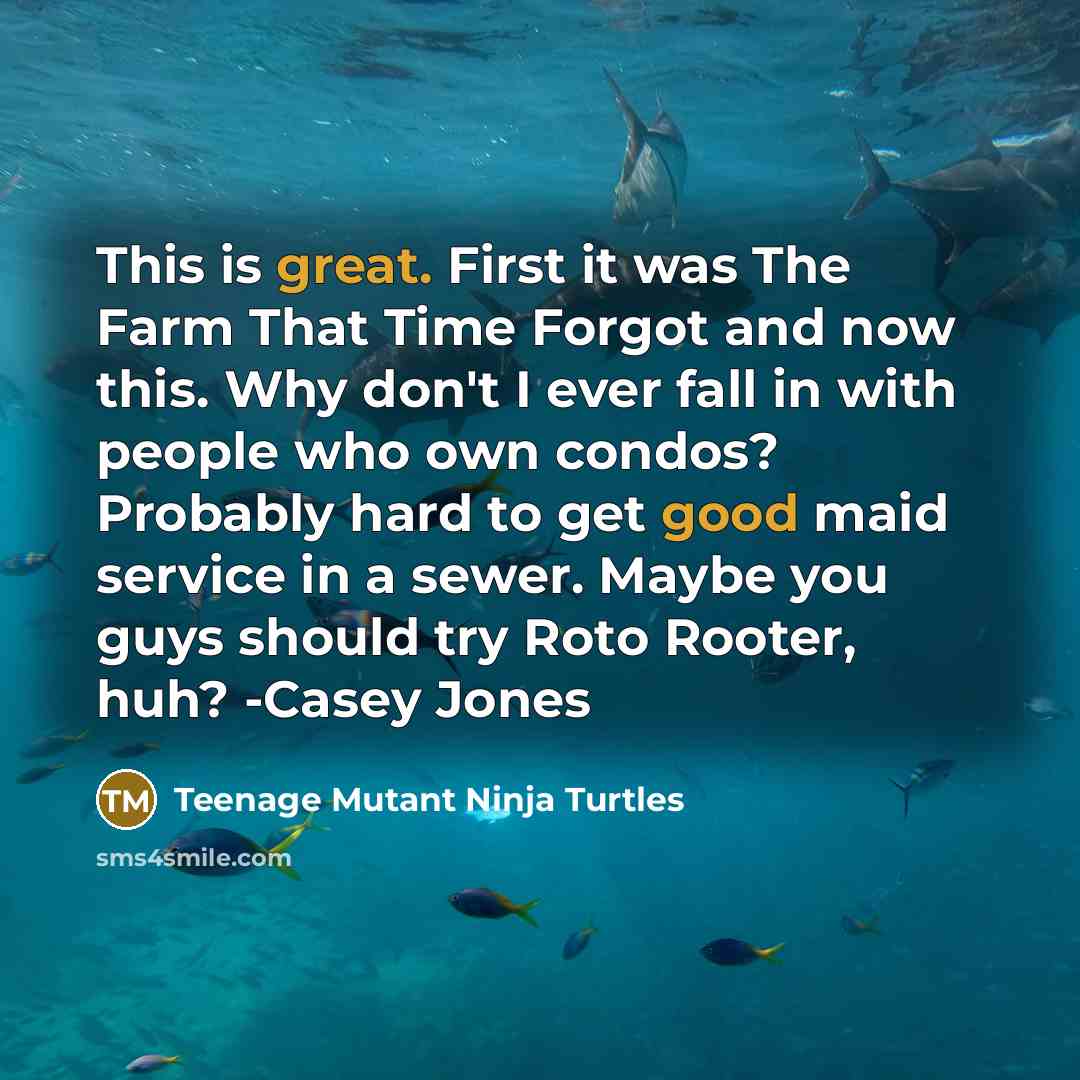 “This is great. First it was The Farm That Time Forgot and now this. Why don't I ever fall in with people who own condos? Probably hard to get good maid service in a sewer. Maybe you guys should try Roto Rooter, huh? -Casey Jones” quote by Teenage Mutant Ninja Turtles