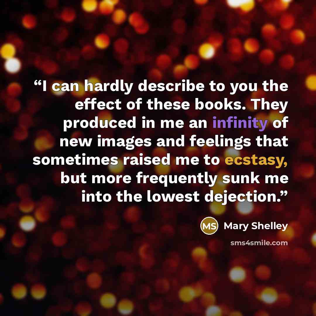 “I can hardly describe to you the effect of these books. They produced in me an infinity of new images and feelings that sometimes raised me to ecstasy, but more frequently sunk me into the lowest dejection.” quote by Mary Shelley