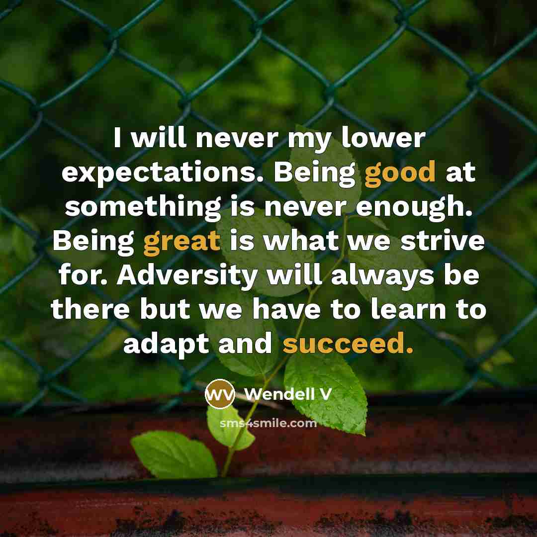 “I will never my lower expectations. Being good at something is never enough. Being great is what we strive for. Adversity will always be there but we have to learn to adapt and succeed.” quote by Wendell V