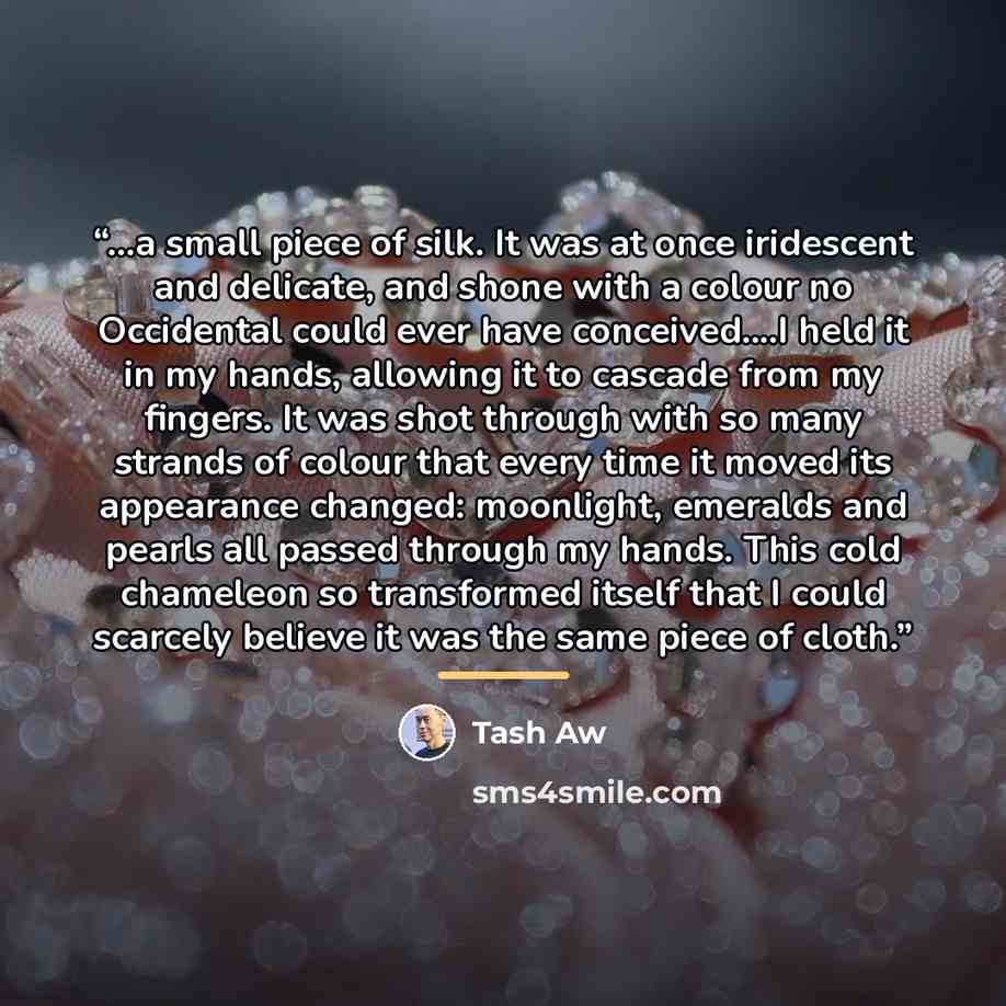 “...a small piece of silk. It was at once iridescent and delicate, and shone with a colour no Occidental could ever have conceived…I held it in my hands, allowing it to cascade from my fingers. It was shot through with so many strands of colour that every time it moved its appearance changed…” quote by Tash Aw