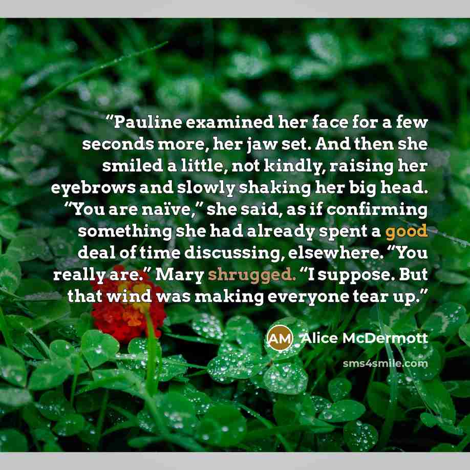 “Pauline examined her face for a few seconds more, her jaw set. And then she smiled a little, not kindly, raising her eyebrows and slowly shaking her big head. “You are naïve,” she said, as if confirming something she had already spent a good deal of time discussing, elsewhere. “You really are.”…” quote by Alice McDermott