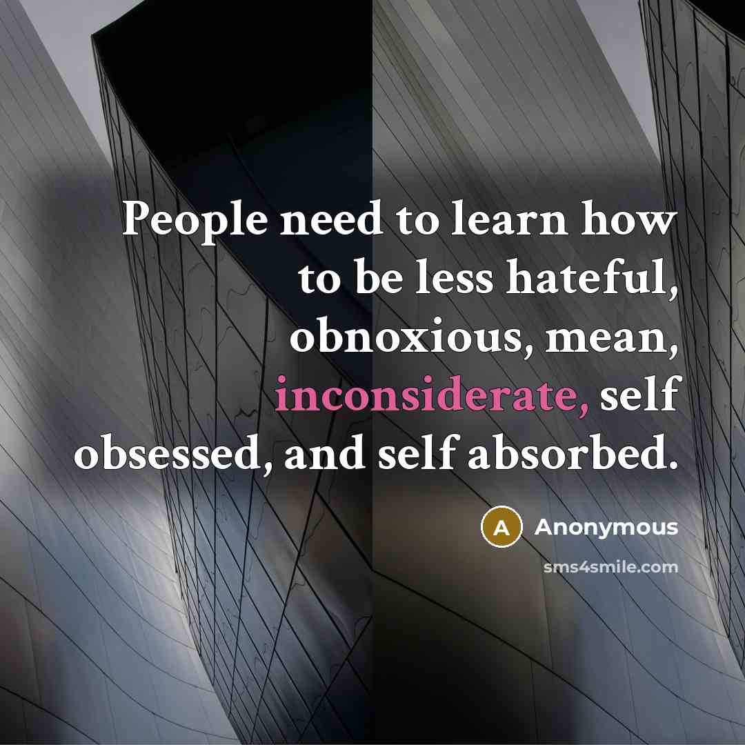 “People need to learn how to be less hateful, obnoxious, mean, inconsiderate, self obsessed, and self absorbed.” quote by Anonymous