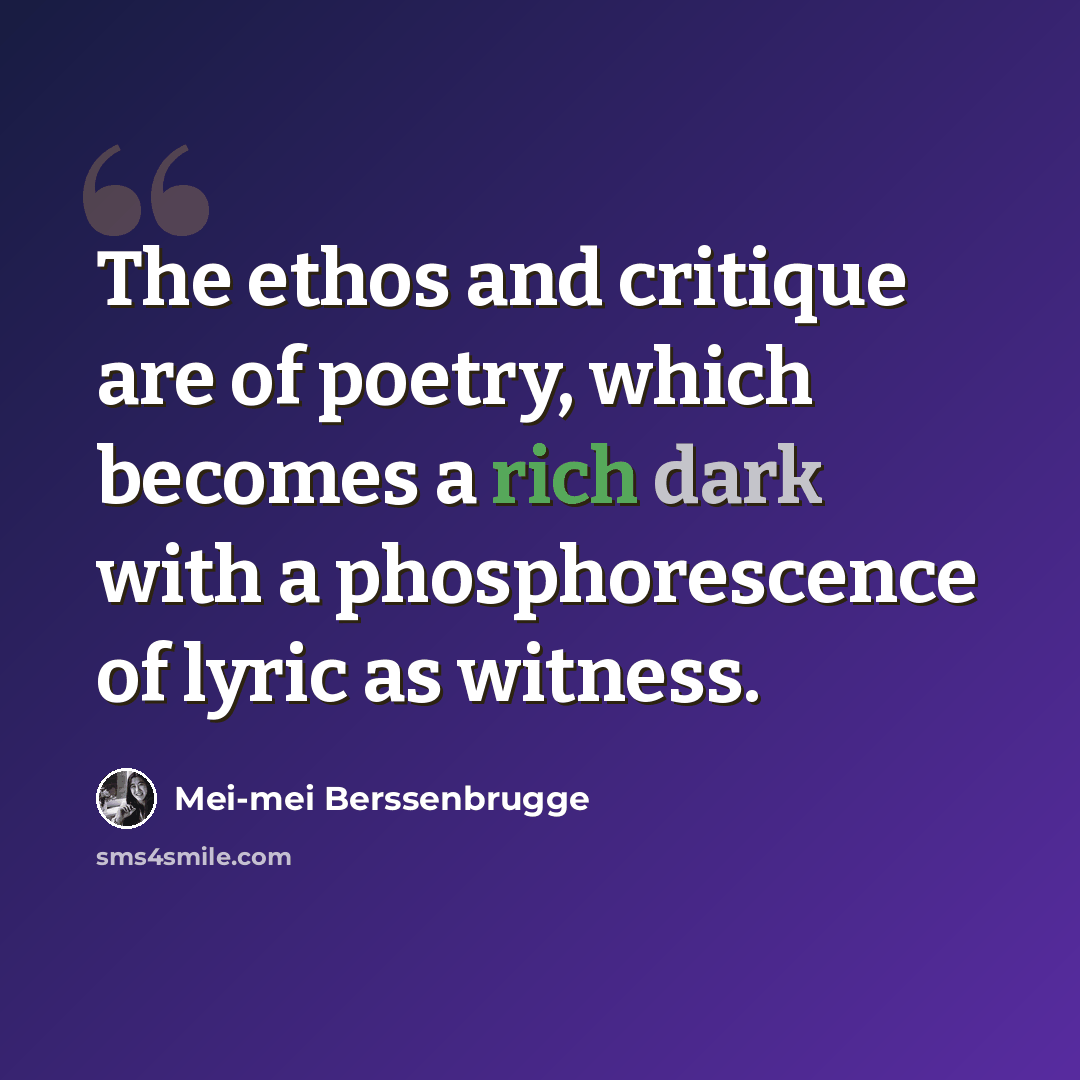 “The ethos and critique are of poetry, which becomes a rich dark with a phosphorescence of lyric as witness.” quote by Mei-mei Berssenbrugge