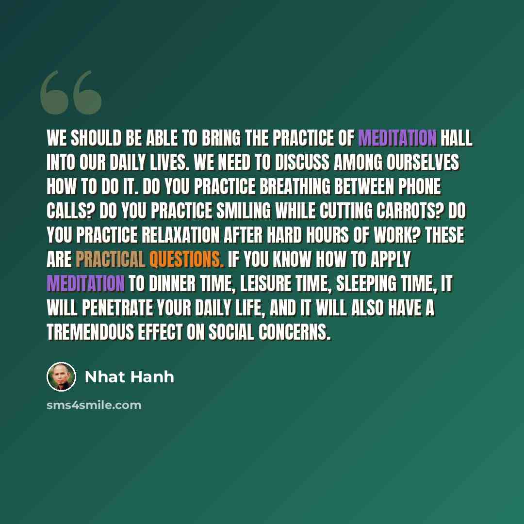 “We should be able to bring the practice of meditation hall into our daily lives. We need to discuss among ourselves how to do it. Do you practice breathing between phone calls? Do you practice smiling while cutting carrots? Do you practice relaxation after hard hours of work? These are practical…” quote by Nhat Hanh