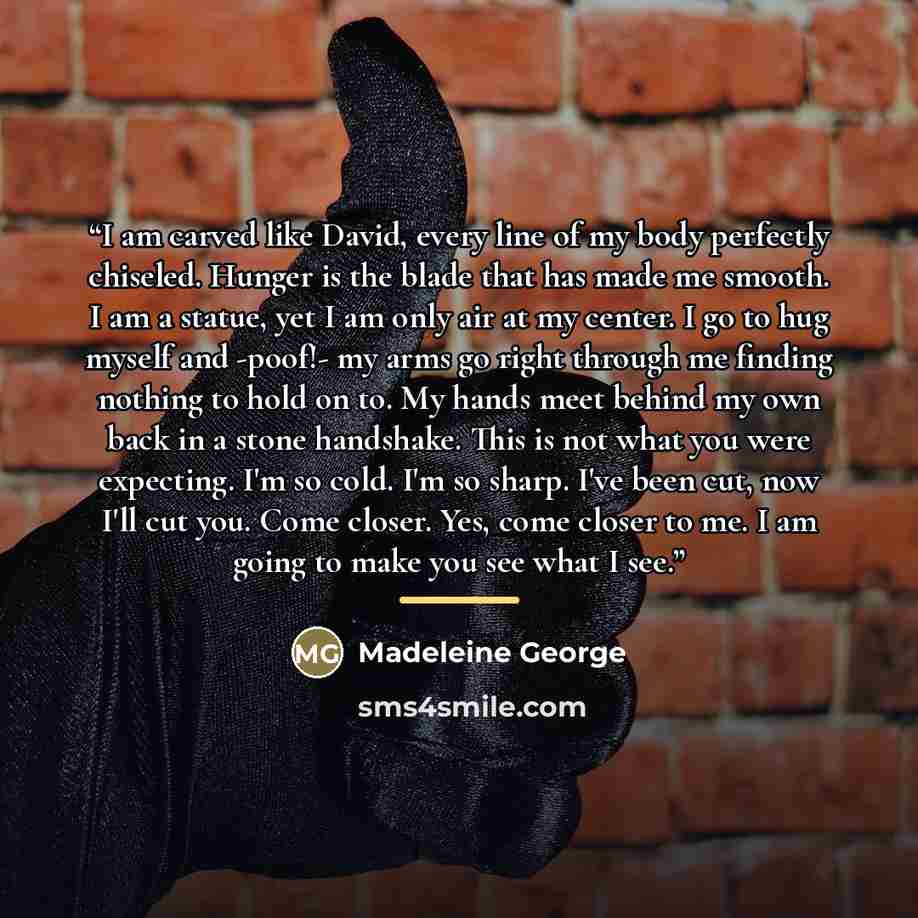 “I am carved like David, every line of my body perfectly chiseled. Hunger is the blade that has made me smooth. I am a statue, yet I am only air at my center. I go to hug myself and -poof!- my arms go right through me finding nothing to hold on to. My hands meet behind my own back in a stone…” quote by Madeleine George