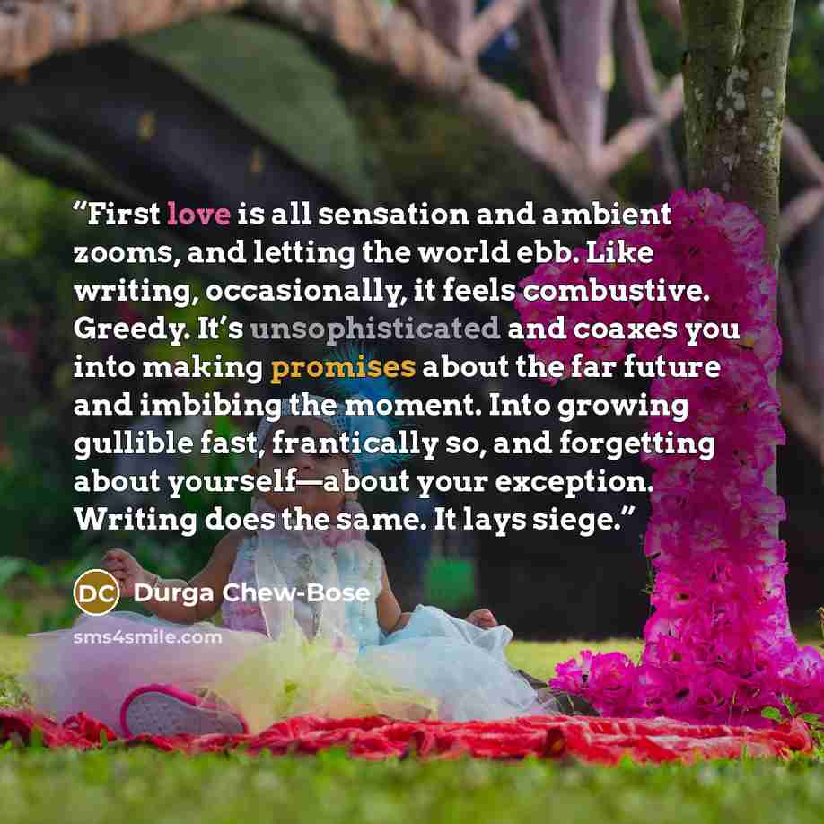 “First love is all sensation and ambient zooms, and letting the world ebb. Like writing, occasionally, it feels combustive. Greedy. It’s unsophisticated and coaxes you into making promises about the far future and imbibing the moment. Into growing gullible fast, frantically so, and forgetting about…” quote by Durga Chew-Bose
